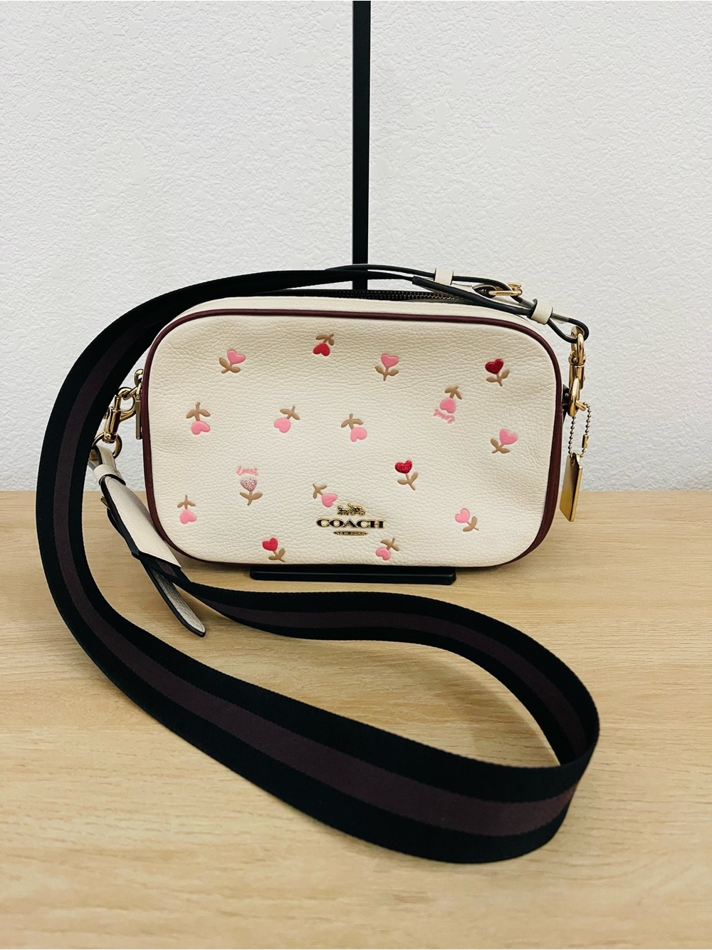 COACH Jes Crossbody Bag White Chalk Featuring Charming Pink & Red Floral Hearts